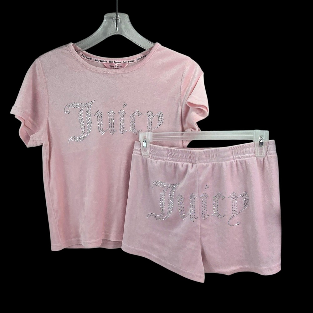 Juicy Couture Pajama Set Velour Rhinestone Logo Pink Sz L 2pc Shorts Tee 9599-47